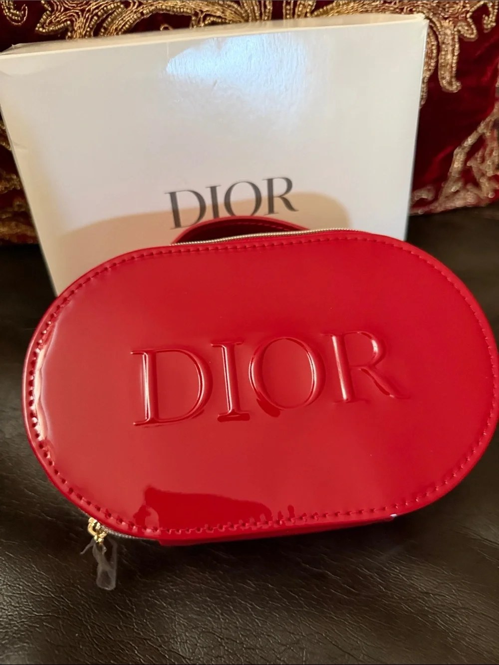 Dior Red Patent Leather Embossed Cosmetic Pouch